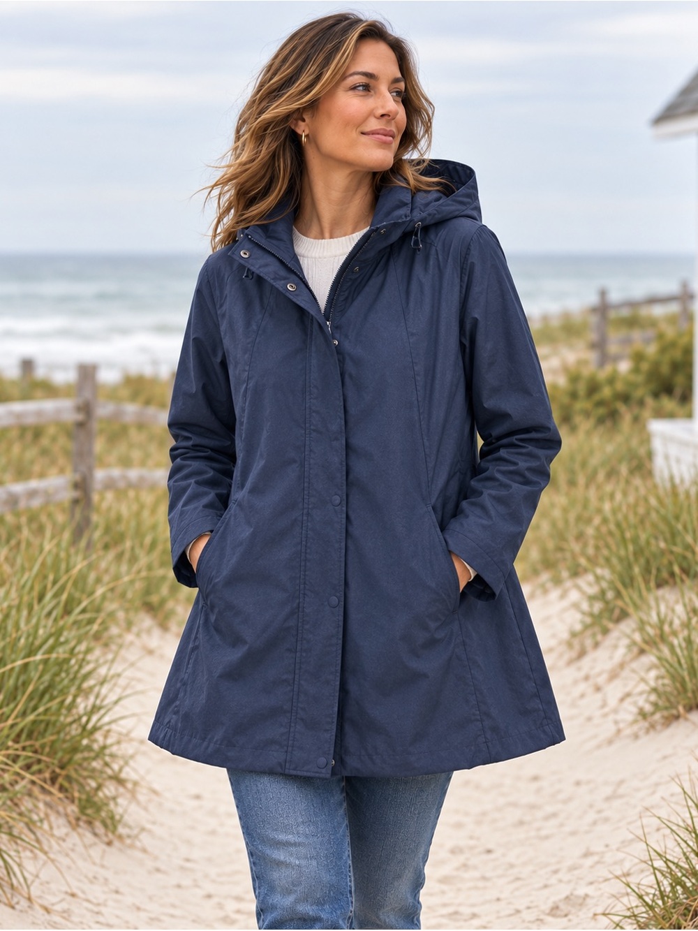 J.Jill Navy Blue Hooded A-Line Raincoat Long Lightweight Dual Zipper Jacket S